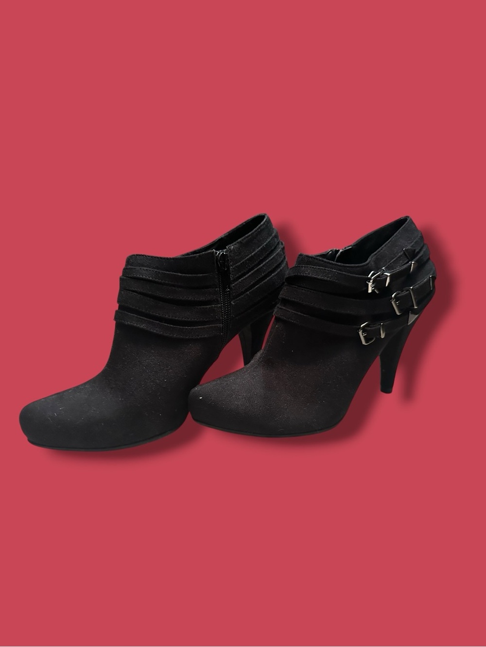 x-appeal Black Suede Ankle Booties with Buckle Straps